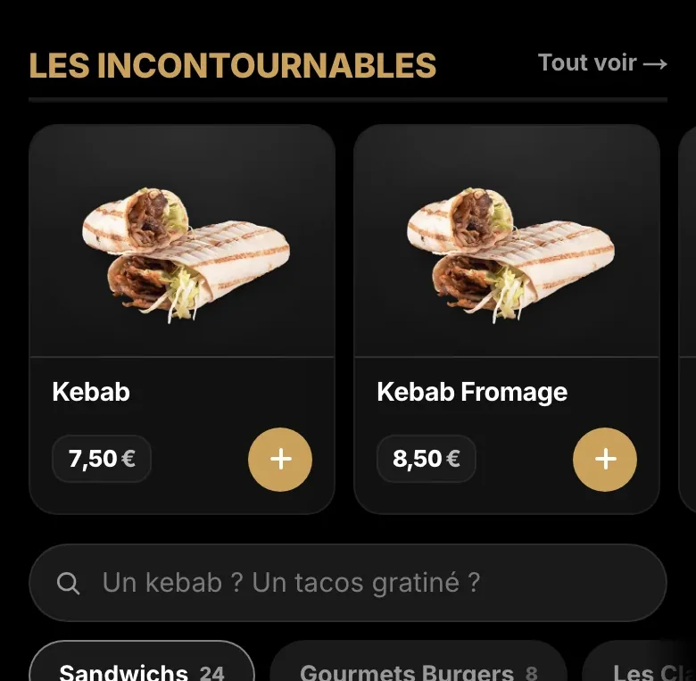 La page de commande en ligne d'un restaurant sur téléphone : les plats mis en avant, leurs photos et leurs prix, la recherche et les rayons de la carte.