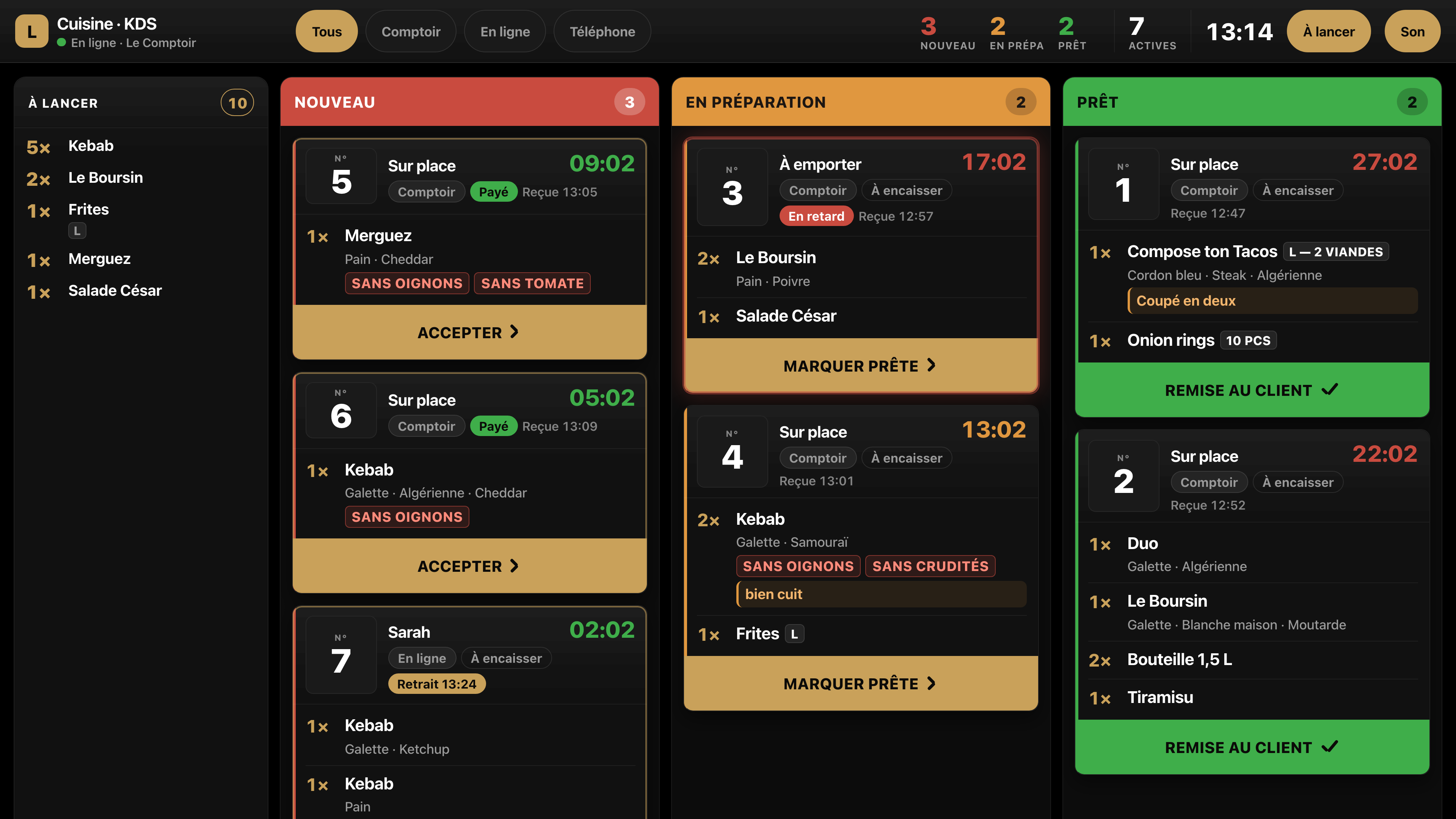 App cuisine Snack Manager : colonnes Nouveau, En préparation, Prêt