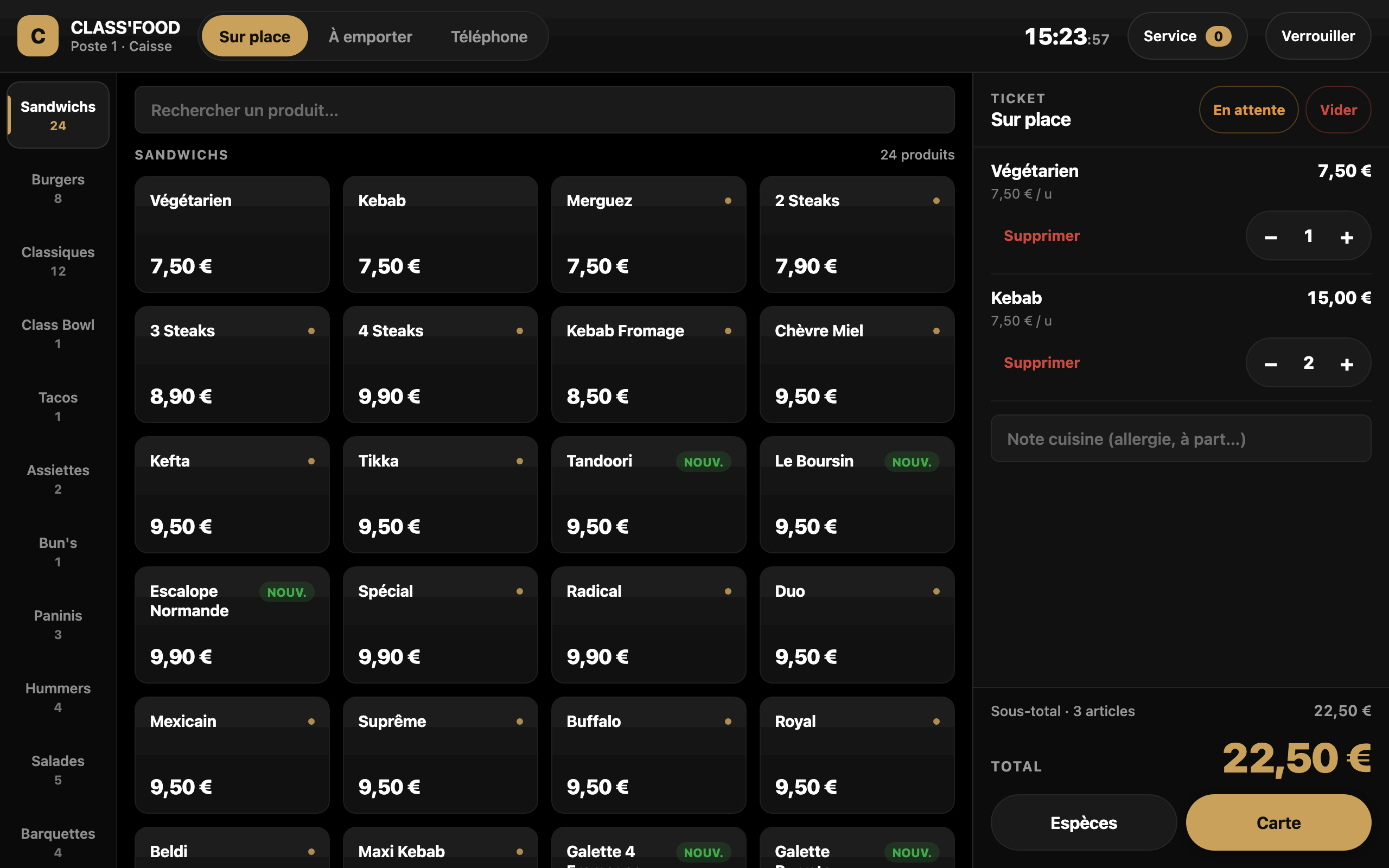 Caisse Snack Manager sur tablette, en cours de prise de commande